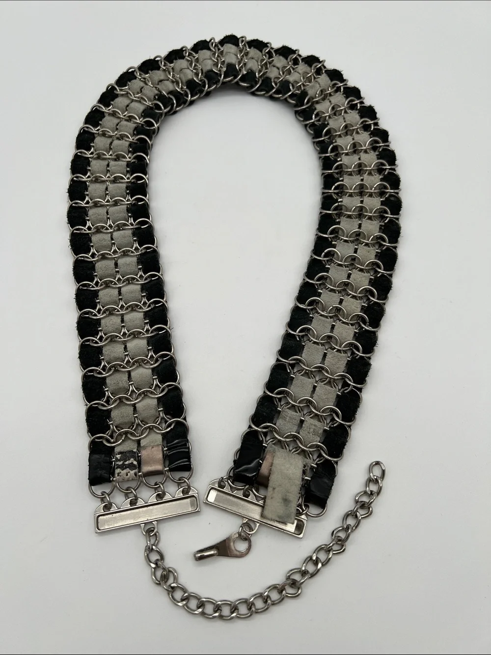 Boho Multi-Strand Chain+Genuine Leather Wide Belt Silver/Black/Snake - Size M/L